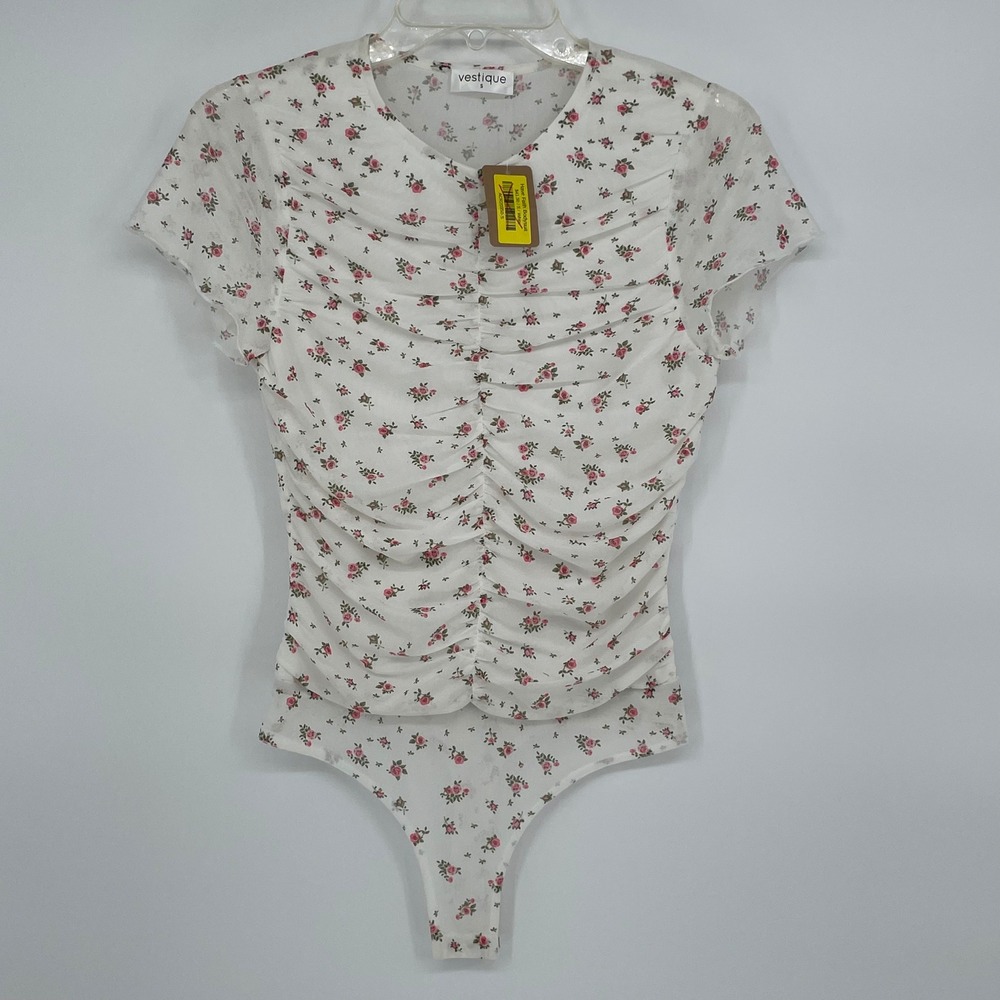 Vestique White‎ Floral Ruched Bodysuit Short Sleeve Thong G-string Size S